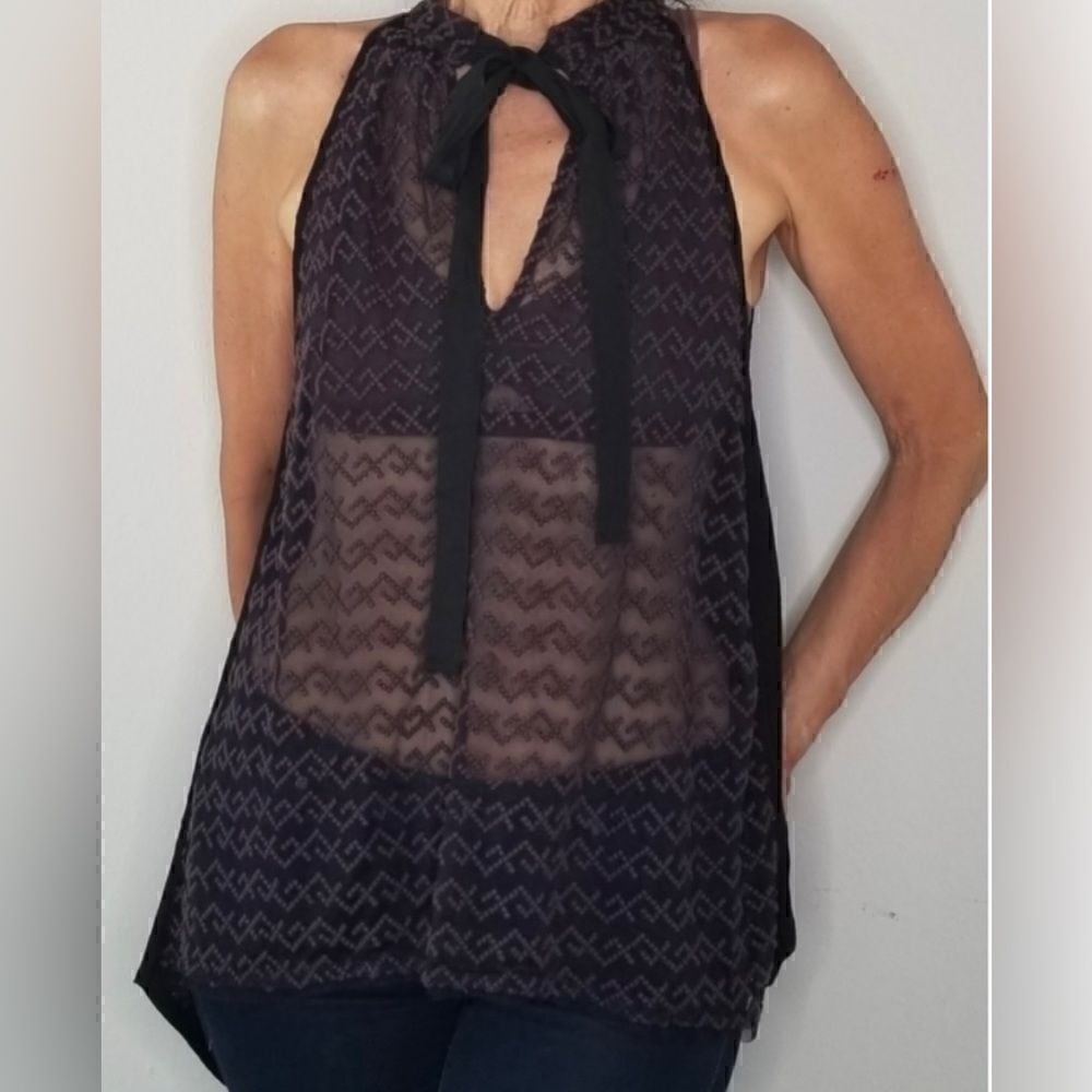 Free People Sheer Embroidered Mesh Tie Neck Top